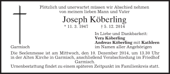 Traueranzeige von Joseph Köberling von merkurtz