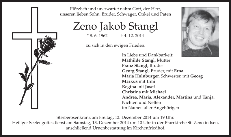  Traueranzeige für Zeno Jakob Stangl vom 11.12.2014 aus merkurtz