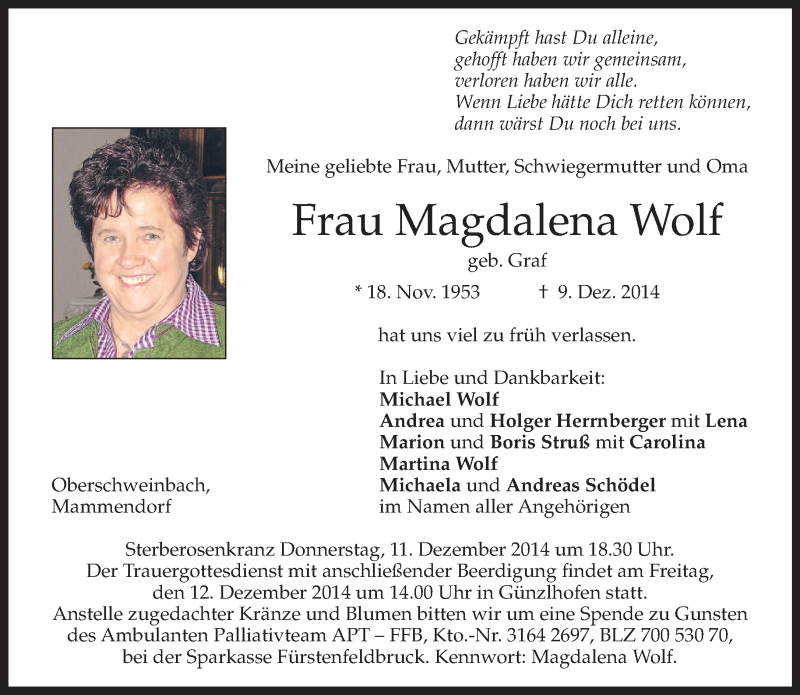  Traueranzeige für Magdalena Wolf vom 10.12.2014 aus merkurtz