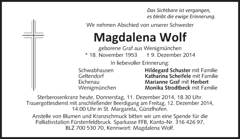  Traueranzeige für Magdalena Wolf vom 11.12.2014 aus merkurtz