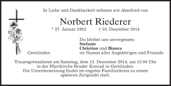 Traueranzeige von Norbert Riederer von merkurtz