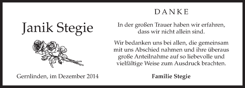  Traueranzeige für Janik Stegie vom 13.12.2014 aus merkurtz