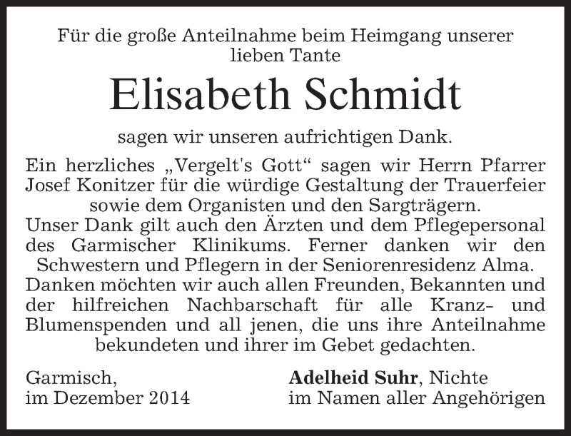  Traueranzeige für Elisabeth Schmidt vom 13.12.2014 aus merkurtz