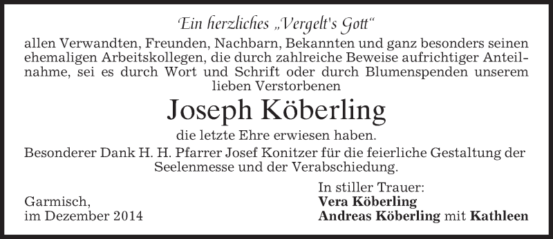  Traueranzeige für Joseph Köberling vom 13.12.2014 aus merkurtz