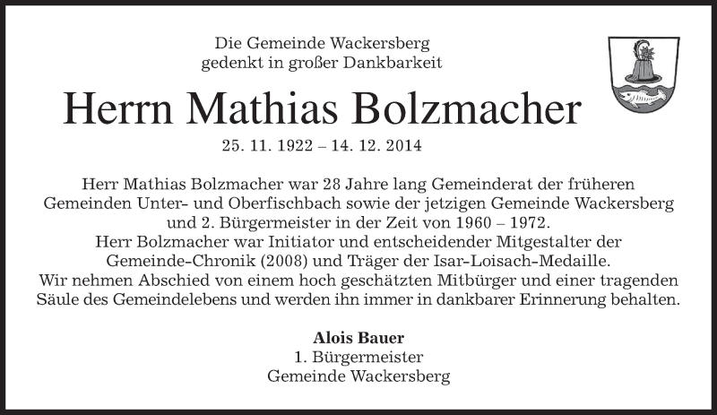  Traueranzeige für Mathias Bolzmacher vom 17.12.2014 aus merkurtz