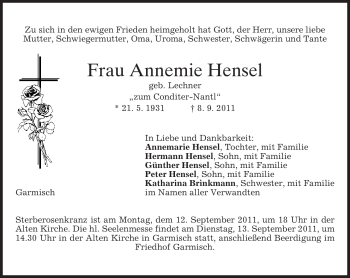 Traueranzeige von Annemie Hensel von MERKUR & TZ