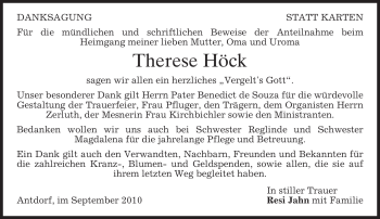 Traueranzeige von Therese Höck von MERKUR & TZ