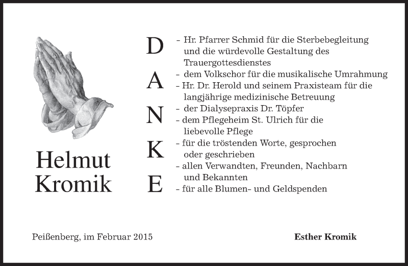  Traueranzeige für Helmut Kromik vom 21.02.2015 aus merkurtz