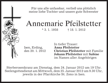 Traueranzeige von Annemarie Pfeilstetter von MERKUR & TZ