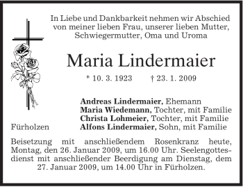 Traueranzeige von Maria Lindermaier von MERKUR & TZ