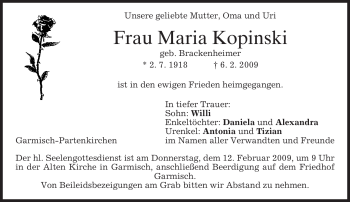 Traueranzeige von Maria Kopinski von MERKUR & TZ