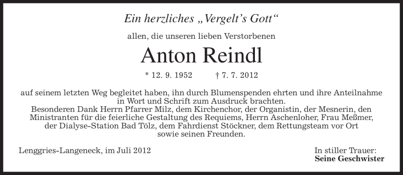  Traueranzeige für Anton Reindl vom 03.08.2012 aus MERKUR & TZ