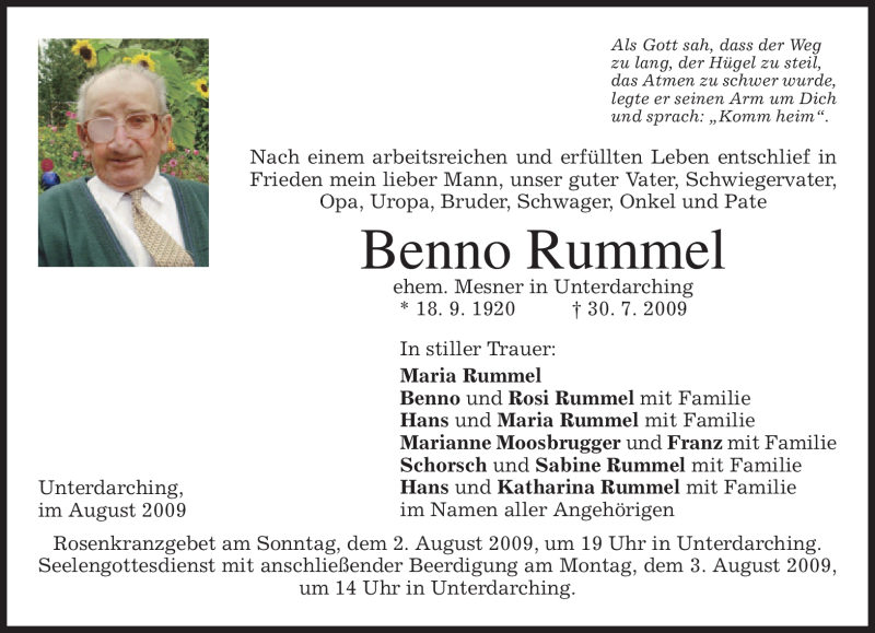  Traueranzeige für Benno Rummel vom 01.08.2009 aus MERKUR & TZ