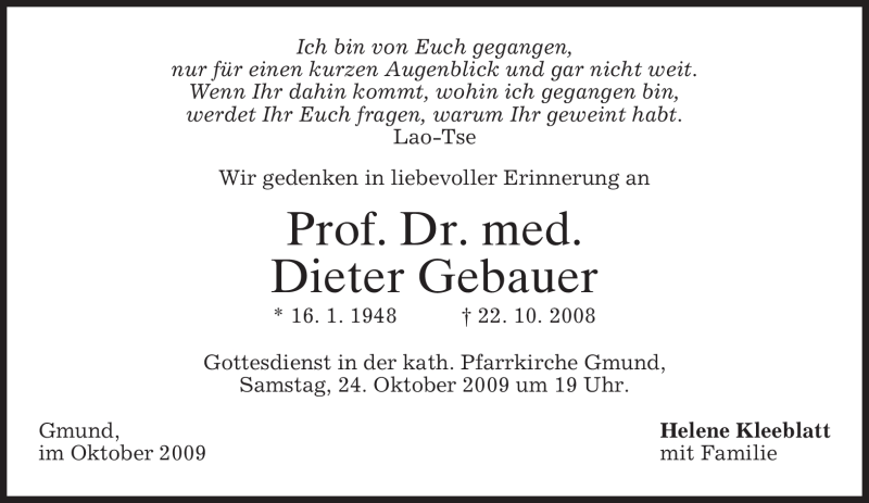  Traueranzeige für Dieter Gebauer vom 17.10.2009 aus MERKUR & TZ