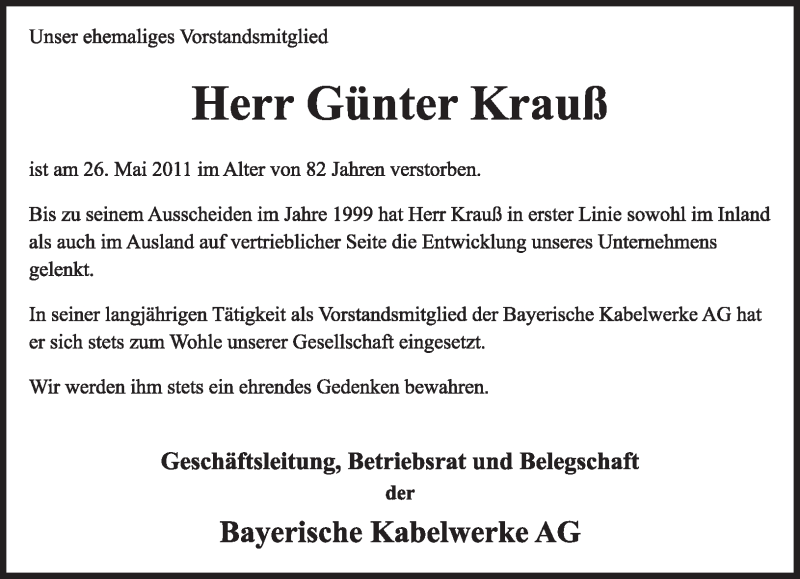  Traueranzeige für Günter Krauß vom 01.06.2011 aus MERKUR & TZ