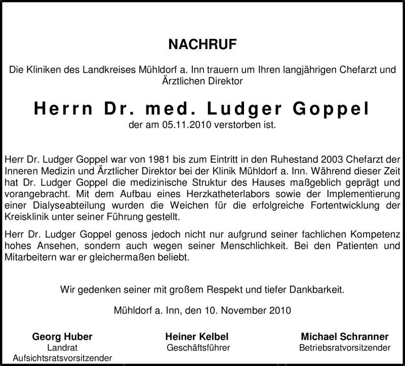  Traueranzeige für Ludger Goppel vom 12.11.2010 aus MERKUR & TZ