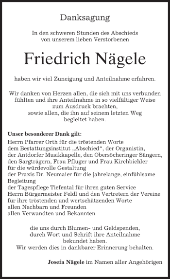 Traueranzeige von Friedrich Nägele von MERKUR & TZ