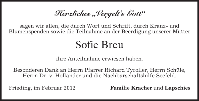  Traueranzeige für Sofie Breu vom 25.02.2012 aus MERKUR & TZ
