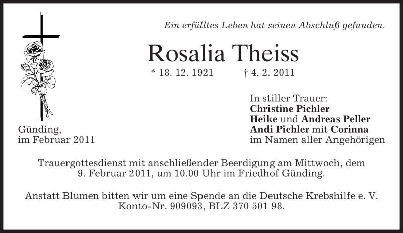  Traueranzeige für Rosalia Theiss vom 05.02.2011 aus MERKUR & TZ
