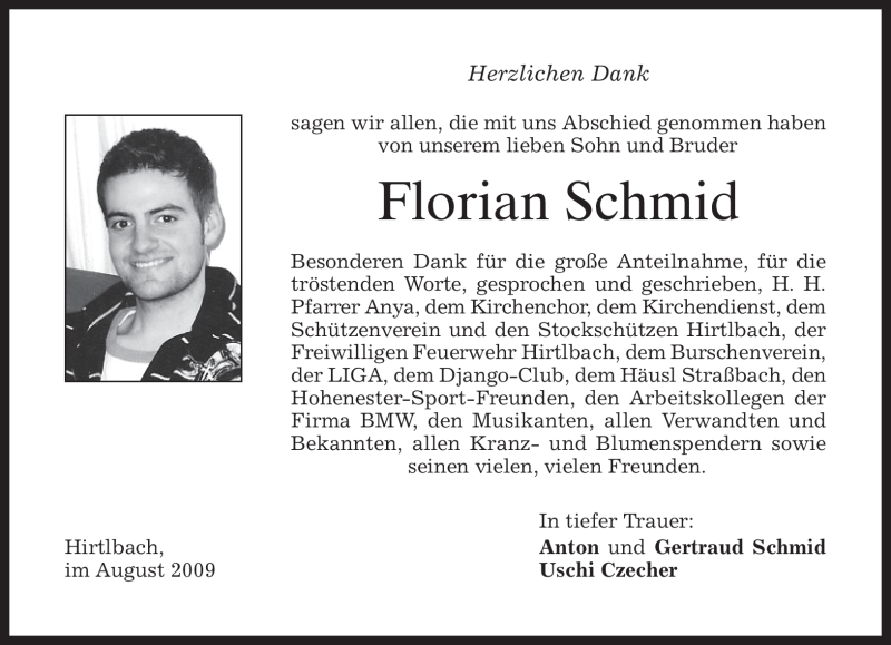  Traueranzeige für Florian Schmid vom 29.08.2009 aus MERKUR & TZ