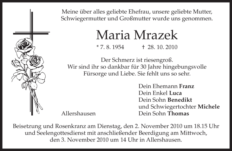  Traueranzeige für Maria Mrazek vom 30.10.2010 aus MERKUR & TZ