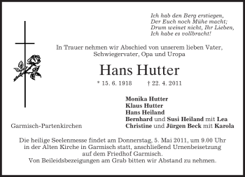 Traueranzeige von Hans Hutter von MERKUR & TZ