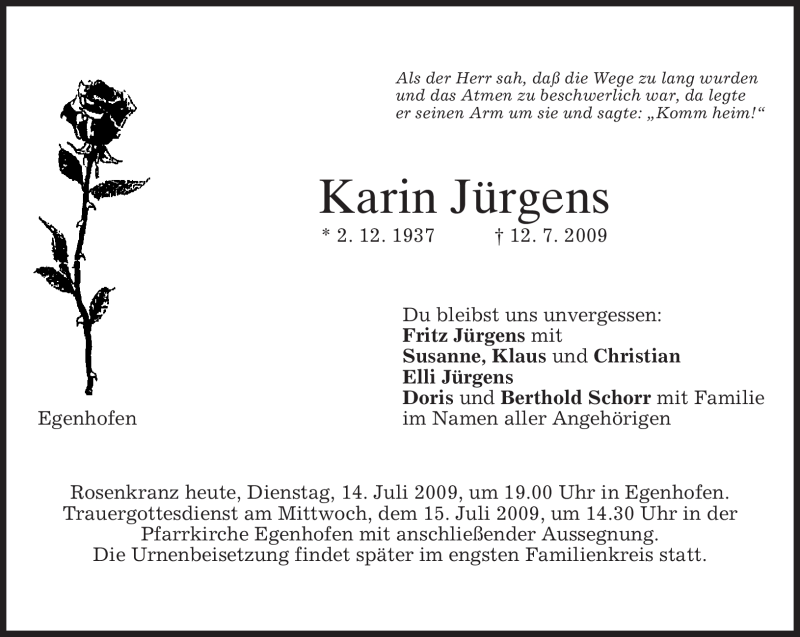  Traueranzeige für Karin Jürgens vom 14.07.2009 aus MERKUR & TZ