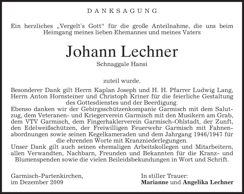  Traueranzeige für Johann Lechner vom 12.12.2009 aus MERKUR & TZ