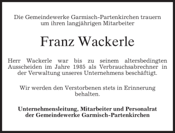 Traueranzeige von Franz Wackerle von MERKUR & TZ