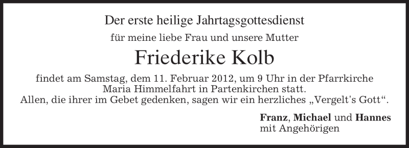  Traueranzeige für Friederike Kolb vom 04.02.2012 aus MERKUR & TZ
