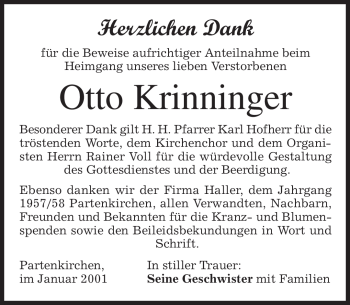 Traueranzeige von Otto Krinninger von MERKUR & TZ