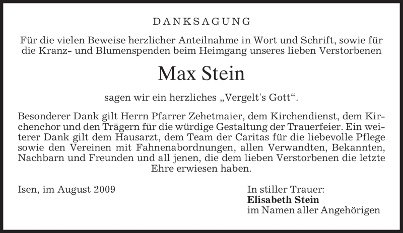  Traueranzeige für Max Stein vom 05.09.2009 aus MERKUR & TZ