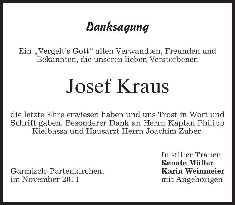  Traueranzeige für Josef Kraus vom 29.11.2011 aus MERKUR & TZ
