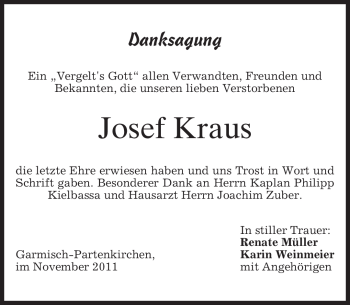 Traueranzeige von Josef Kraus von MERKUR & TZ