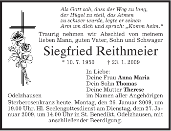 Traueranzeige von Siegfried Reithmeier von MERKUR & TZ