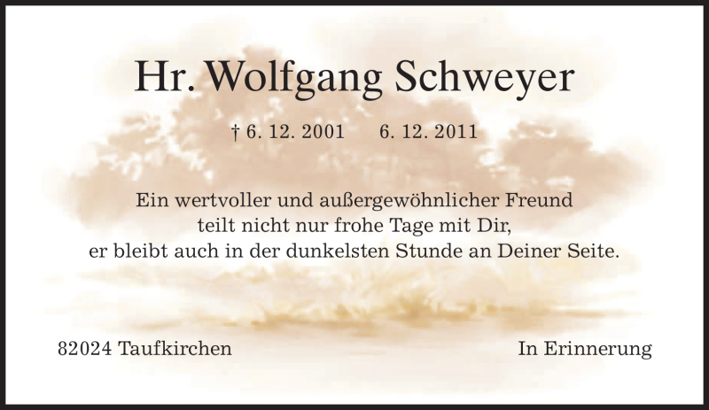  Traueranzeige für Wolfgang Schweyer vom 06.12.2011 aus MERKUR & TZ