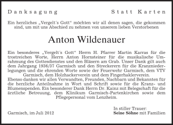 Traueranzeige von Anton Wildenauer von MERKUR & TZ