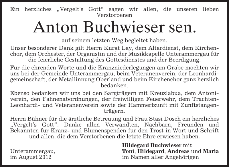  Traueranzeige für Anton Buchwieser vom 11.08.2012 aus MERKUR & TZ
