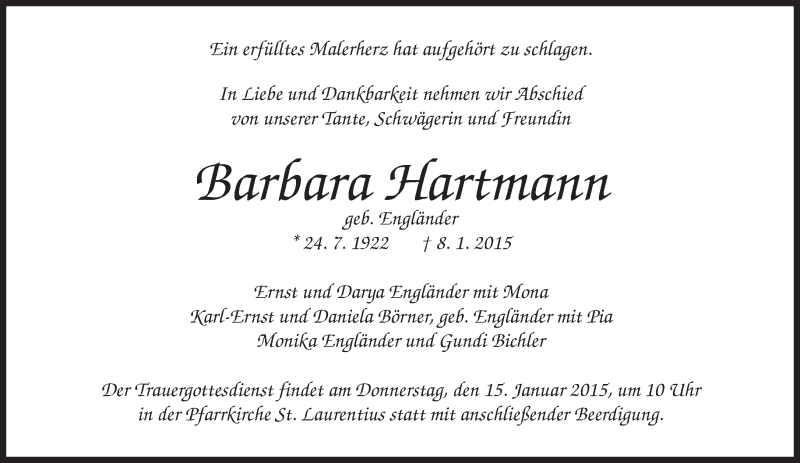  Traueranzeige für Barbara Hartmann vom 10.01.2015 aus merkurtz