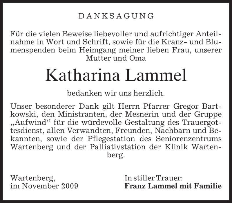  Traueranzeige für Katharina Lammel vom 07.11.2009 aus MERKUR & TZ