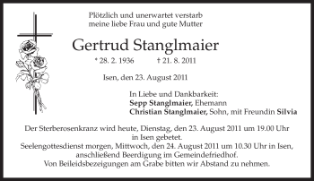 Traueranzeige von Gertrud Stanglmaier von MERKUR & TZ