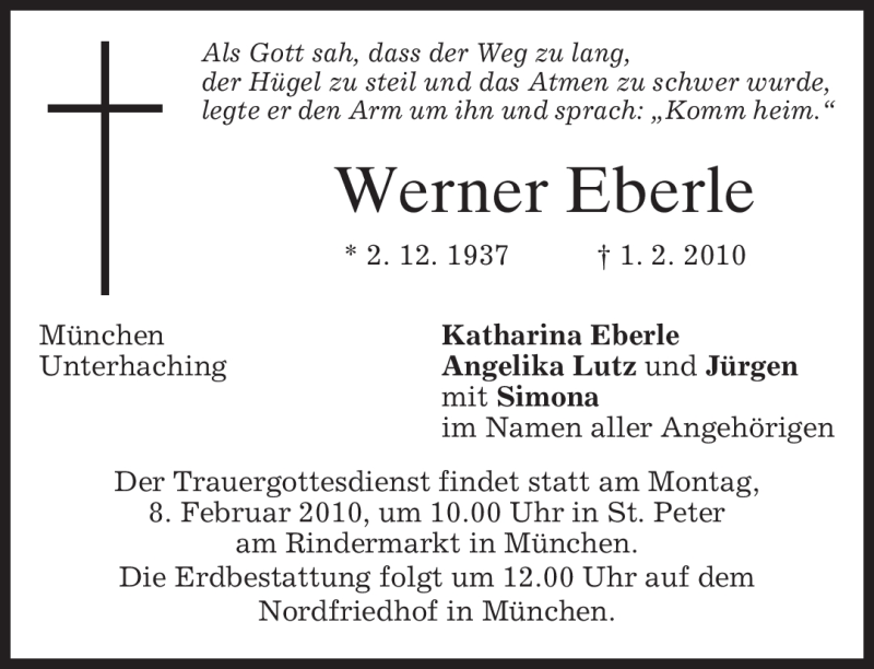  Traueranzeige für Werner Eberle vom 06.02.2010 aus MERKUR & TZ