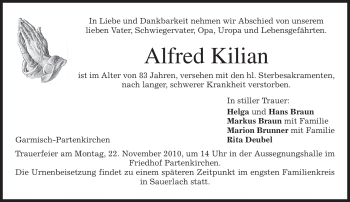 Traueranzeige von Alfred Kilian von MERKUR & TZ