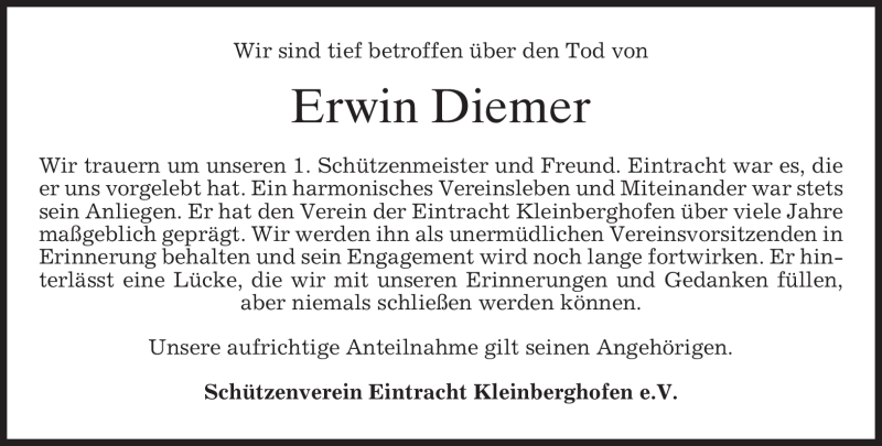  Traueranzeige für Erwin Diemer vom 08.10.2009 aus MERKUR & TZ
