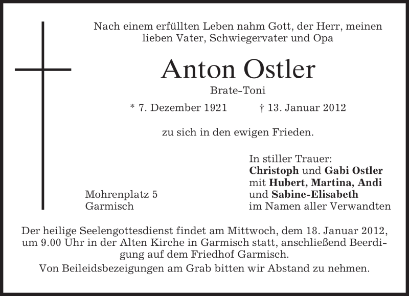  Traueranzeige für Anton Ostler vom 16.01.2012 aus MERKUR & TZ