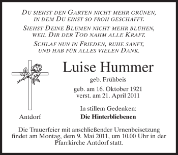 Traueranzeige von Luise Hummer von MERKUR & TZ
