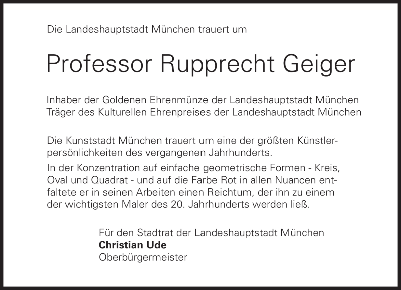 Traueranzeige für Rupprecht Geiger vom 12.12.2009 aus MERKUR & TZ