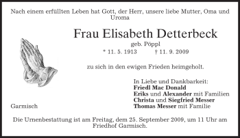 Traueranzeige von Elisabeth Detterbeck von MERKUR & TZ