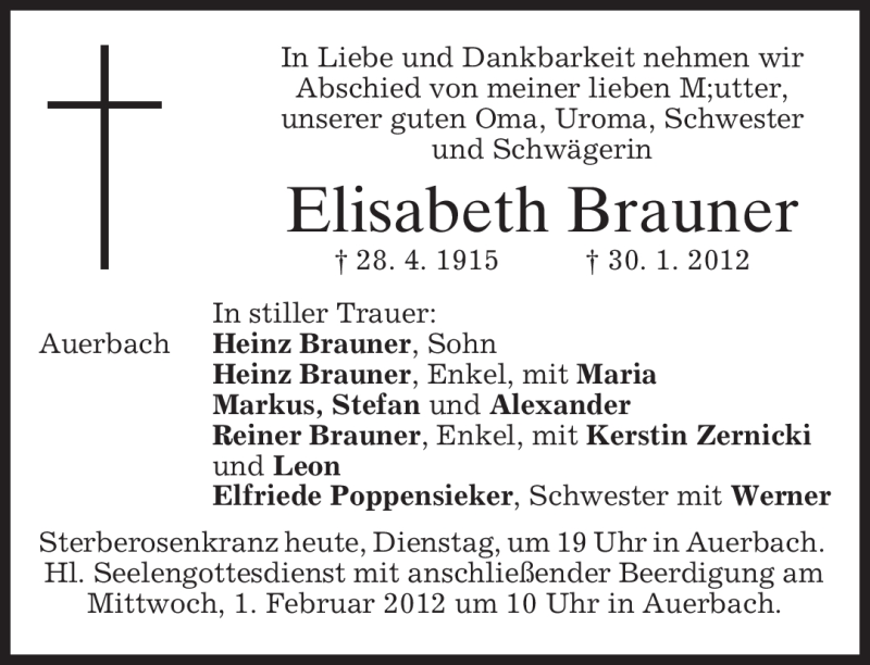  Traueranzeige für Elisabeth Brauner vom 31.01.2012 aus MERKUR & TZ