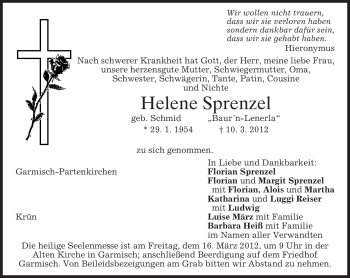 Traueranzeige von Helene Sprenzel von MERKUR & TZ